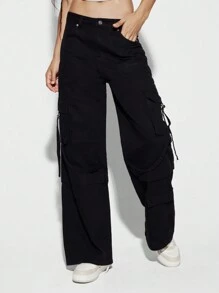 SUMWON WOMEN Wide Leg Multi Pocket Cargo Pant - Black - View 1