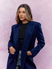 MISSGUIDED Longline Velour Double Breasted Coat Winter Wear - Navy Blue - View 3