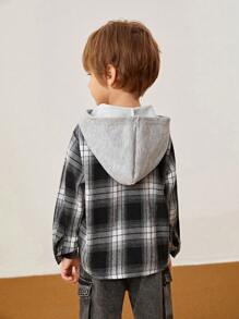 SHEIN 1 件韩版男女通用加大码格子连帽长袖衬衫适合旅行、日常穿着、上学、运动、春秋季 - 黑色 - 查看 2