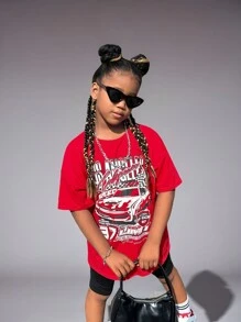 SHEIN Áo thun tay ngắn in chữ xe hơi thường ngày cho bé gái tuổi teen - Đỏ - Xem 6