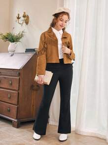 SHEIN Teen Girls PU Fringed Cropped Jacket