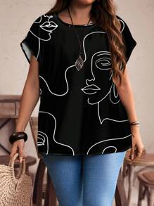 EMERY ROSE Áo thun cổ tròn in họa tiết thường ngày cỡ lớn mùa hè - Đen và trắng - Xem 5