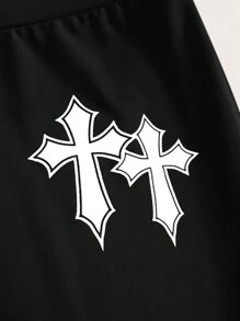 Slaydiva 2pcs Simple Casual Round Neck Short Sleeve Cropped Top & Flared Long Pants Set - Cross Print Design For Women - Black - View 3