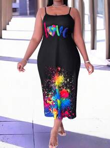 LONESS Plus Size Summer Dress With Letter Print, Ink Splash Design And Spaghetti Straps