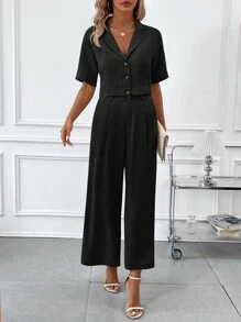 SHEIN Clasi 2pcs/Set Women Cropped Shirt With High-Waist Pocket Pants - Black - View 9