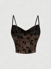 SHEIN MOD Vintage Jacquard Print Ladies Pleated Camisole, Mesh Top, Crop Top, Bachelorette Outfits, Party Tops, Club Tops, Spring/Summer Outfits, Vintage, Retro, Elegant Top, Going Out Top, Tea Party Outfit, Vacation Outfits Women, Floral Top, Women's Brunch Outfit, Country Music Festival Outfit,  Date Top, Summer Vacation Outfits - Black - View 2