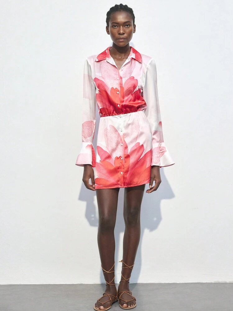 SHEIN Maija Women's Floral Print Flare Sleeve Elegant Shirt Dress, Fall
