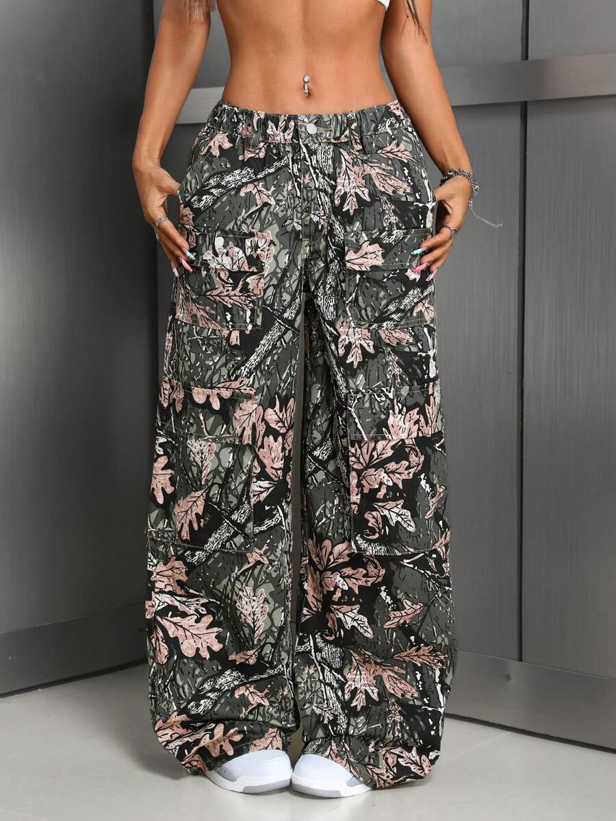 SHEIN ICON Quần Jeans Cargo In Hình Cành Cây & Lá Cho Nữ - Nhiều màu - Xem 1