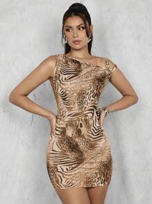 Glamine Đầm ôm sát vai in họa tiết động vật gợi cảm, mùa hè - Màu Khaki - Xem 3