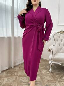 Modelyn Váy dài tay thắt nút đơn giản hàng ngày màu trơn cỡ lớn cho nữ, váy maxi cho trang phục thường ngày/ngày lễ/tiệc cưới/buổi tối dài - Màu tím - Xem 3