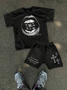 Manfinity EMRG 男士街头风格复古暗黑风格仿旧蜘蛛嘴唇+十字文字印花黑色尺码男士 T 恤短裤套装，万圣节。 - 黑色 - 查看 3