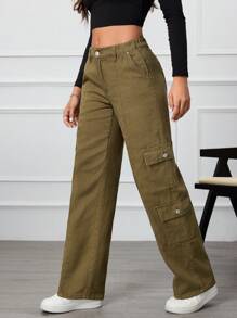 SHEIN Essnce Women's Cargo Pockets Wide Leg Loose Casual Denim Jeans