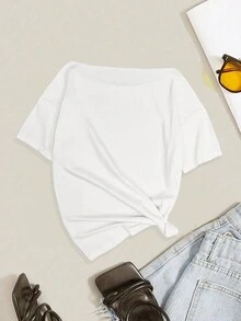 INAWLY Áo thun nữ tay ngắn cổ bất đối xứng in họa tiết tối giản, áo thun họa tiết mùa hè - trắng - Xem 2