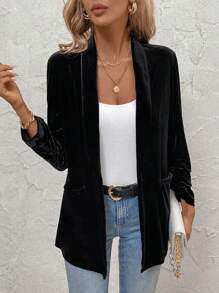 SHEIN Clasi Velvet Cuffed Ruched Black Blazer For Women - Black - View 6