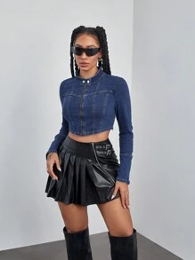 女士纯色简约日常长袖牛仔夹克秋季女装 - 藍色 - 查看 4