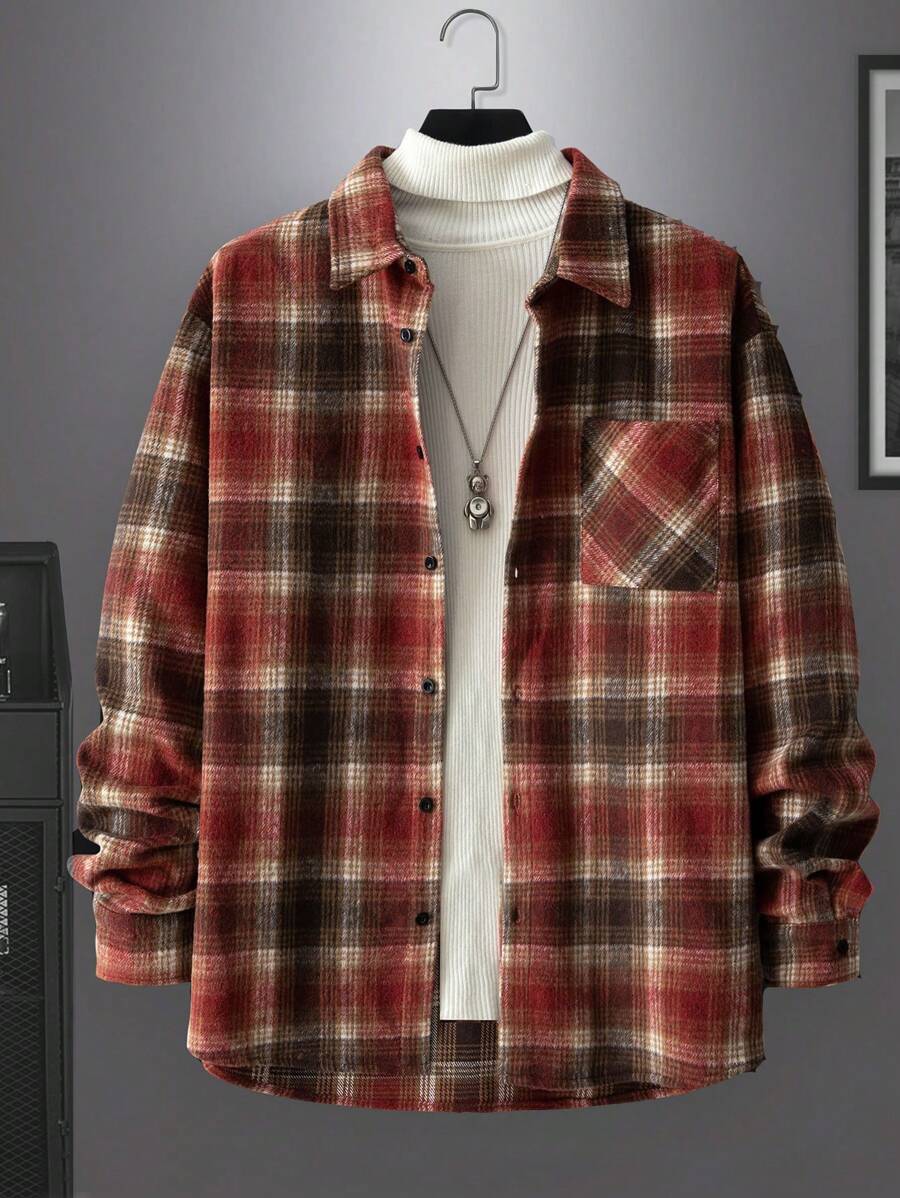 Manfinity Homme Chemise en laine à manches longues avec imprimé à carreaux pour hommes - Multicolore - Voir 1