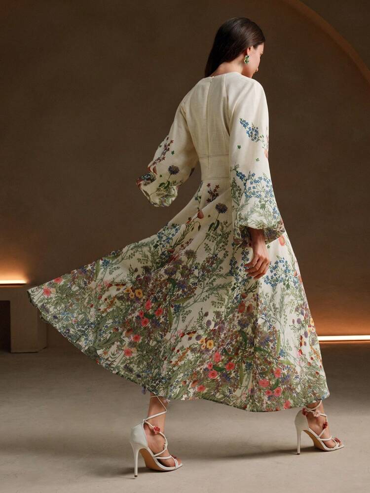 Floral Print Long Sleeve Linen-Like Casual Dress, Early Autumn