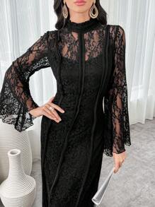 Modelyn Women's Solid Color Black Contrast Lace Minimalist Arabian-Style Casual Modest Long Sleeve Dress Long Evening Dresses - Black - View 3