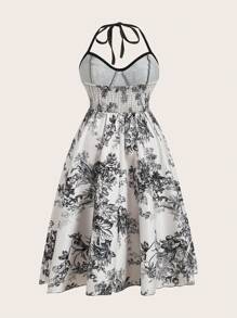 Flirla 大码蝴蝶结花卉印花露背无袖连衣裙 - 香檳色 - 查看 2