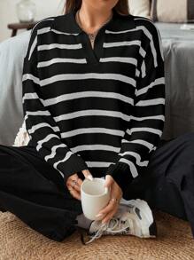 Vionelle Plus Size Women's Color Block French Striped Collared Knit Sweater Top, For Winter Knit Pullover Fall - Black - View 4