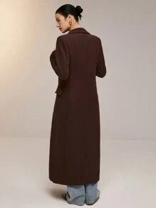 Poéselle 加长棕色西装外套，女士纯色翻领双排扣长款优雅常规外套，冬季女装，女士西装外套，立体腰部剪裁，简约时尚，老款风格，警笛办公室，适合日常、街头、通勤穿着 - 巧克力棕 - 查看 4