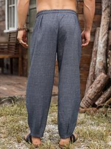 Manfinity Homme Quần dài thường ngày có túi rút dây màu trơn cho nam - Màu xanh bụi bặm - Xem 2