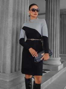 GENKIRA Elegant Commuter Elegant Color Block Half-High Collar Metal Buckle Belt Long Sleeve Midi Sweater Dress - Multicolor - View 6
