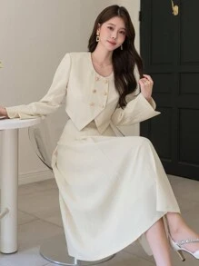2 件套女式纯色纹理短款夹克和裙子套装，秋季服装 - 杏色 - 查看 1