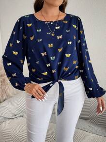 SHEIN LUNE 大码圆领蝴蝶印花扭纹袖口长袖衬衫职业上衣秋季衬衫女式上衣商务休闲女式工作衬衫商务衬衫