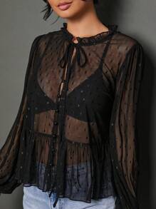 WESTFADE 透明圆点网眼立领蝴蝶结前褶饰荷叶边长袖上衣，适合女性秋季可爱上衣，适合返校、秋季、冬季、外出、休闲可爱波西米亚风上衣 - 黑色 - 查看 6