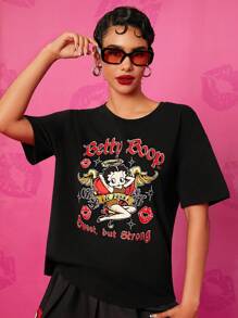 Betty Boop x SHEIN Women Black Casual Cartoon Characters And Letters Printed Drop Shoulder Loose T-Shirt Fall Clothes Fall Shirts - Black - View 4