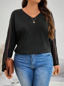 SHEIN LUNE Áo thun nữ cỡ lớn mùa xuân thu màu trơn phối ren cổ chữ V tay cánh dơi tay dài kiểu dáng thường ngày, thích hợp đi du lịch hoặc đến sân bay. - màu đen - Xem 5