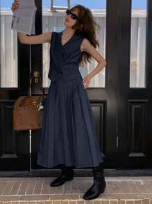 DAZY 女式纯色无袖修身 V 领背心和褶皱长裙牛仔套装，秋季服装 - 深色水洗藍 - 查看 3