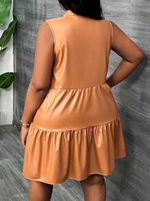 Slaydiva Plus Size Elegant Cocktail Party Dress, Women's Sleeveless V-Neck Patchwork PU Mini Dress, Spring Summer - Brown - View 3