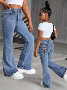 SHEIN Tween Girls Y2K Grunge Embroidery Bootcut Flare Leg Jeans,Girls Fall Clothes Back To School Streetwear Outfits