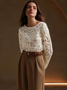 Anewsta Casual Long Sleeve Women Sweater, Crochet Style With Hollow Tree Pattern, Women Casual Outfit - White - View 4