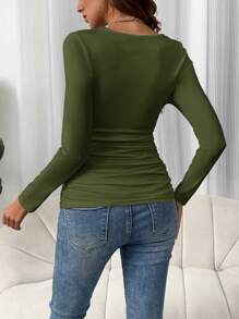 SHEIN Maternity Spring Summer Solid Color Round Neck Long Sleeve Ruched Slim Fit T-Shirt Fall - Army Green - View 2