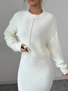 Elenzga 2 chiếc/bộ 2024 Áo len cổ tròn dài tay mới cho nữ và chân váy midi bó sát - Màu be - Xem 6