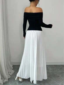 Chiquease 女士优雅撞色拼布露肩褶皱下摆连衣裙，春秋款