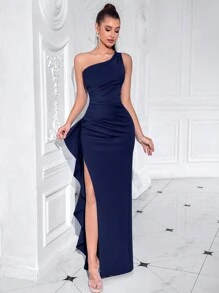 ADYCE One Shoulder Ruched Split Thigh Flowing Flounce Ruffle Trimmed Front Party Cocktail Dress For Evening Or Date Night Elegant Formal Prom Wedding Guest Gown, For Dinner,Graduation Dress - 藏蓝色 - 查看 4