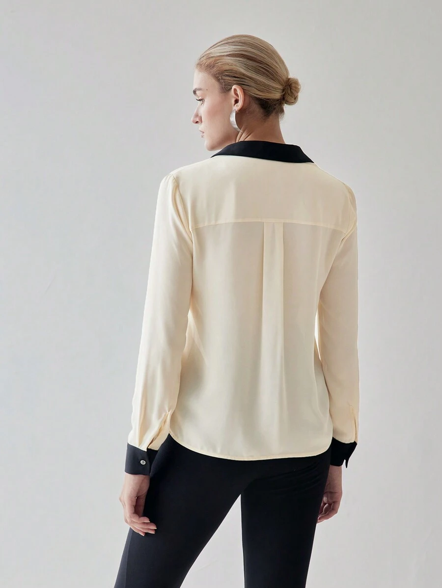 MOTF PREMIUM CONTRAST TRIM LONG SLEEVE SHIRT - Black and White - View 2