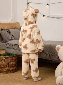 2 件装少女可爱米色毛绒小狗印花连帽长袖上衣和裤子舒适保暖加厚睡衣套装