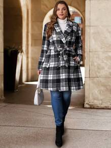 SHEIN Clasi Plus Size Women's Black And White Plaid Metal Button Cinched Waist Jacket, Autumn/Winter