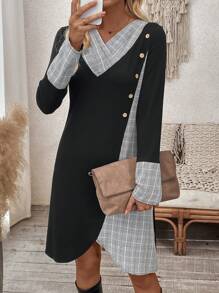 SHEIN LUNE 女式春夏格纹 V 领长袖纽扣装饰休闲连衣裙 - 彩色 - 查看 3