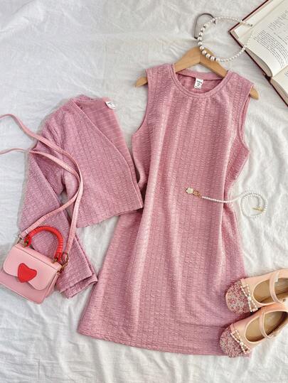 SHEIN Conjunto de 2 peças de blusa e vestido de gola redonda casual minimalista e confortável de cor sólida para meninas pré-adolescentes