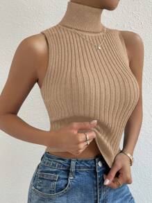 RosyDaze Women Solid Color Turtleneck Sleeveless Knit Sweater - Khaki - View 4