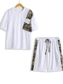 2pcs Men's Summer Letter & Cartoon Bear Graphic Print Crew Neck Tee And Drawstring Waist Shorts Set - White - View 5