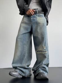 Manfinity EMRG Men's Light Blue Denim Casual Wide Leg Baggy Jeans