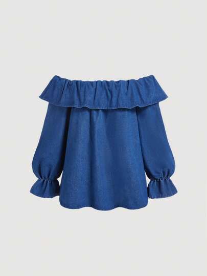 SHEIN MOD 女士露肩宽松长袖牛仔上衣，蓝色