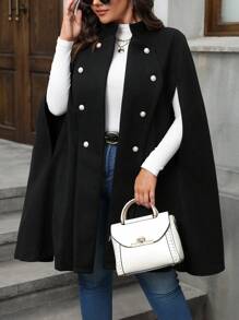 SHEIN LUNE Plus Size Women Solid Color Cape Sleeve Overcoat, For Winter - Black - View 1